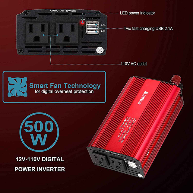 500W カー パワー インバーター DC 12V ～ 110V 修正正弦波パワー 12V ～ 220V カー インバーター デュアル USB カー アダプター付き